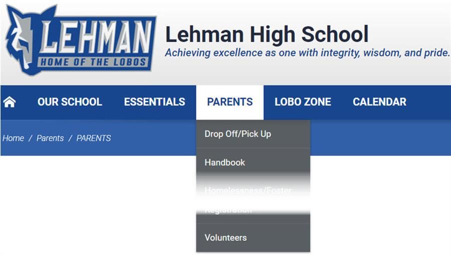 screenshot of PARENTS Dropdown menu